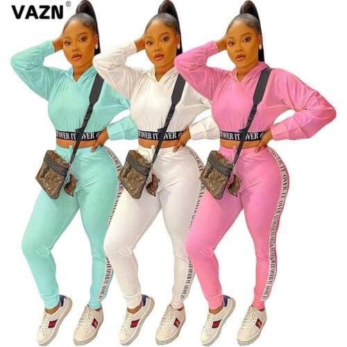 VAZN 2020 New Women Set Tracksuit Full Sleeve Punk Style Solid Hooded Pants Suit Two Piece Set Office Lady Outfits