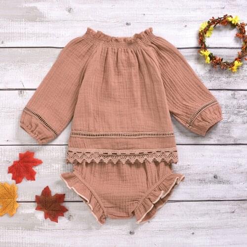 Spring Soft Cotton Linen 2Pcs Newborn Baby Girl Long Sleeve Tops Ruffle Shorts T-shirt Ruffle Shorts Pants Boutique Outfits