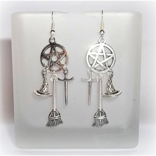 Wiccan Charm Earrings, Wicca, Pagan, Witch Earrings, Wiccan Tools, Besom, Sword, Fashion Womens Earrings