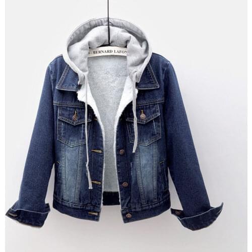 Women Removable Collar Denim Jacket Winter Hooded Warm Fleece Jean Jacket Student Basic Short Parkas Female Bomber Coat HOWDFEO