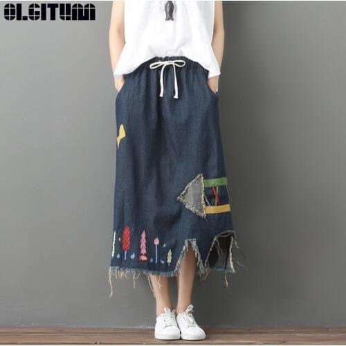 OLGITUM Skirts Elastic Waist Lace-Up Burr Hole Denim Skirt 2020 Summer Women Patchwork Embroidery Hit Color Irregular SK422