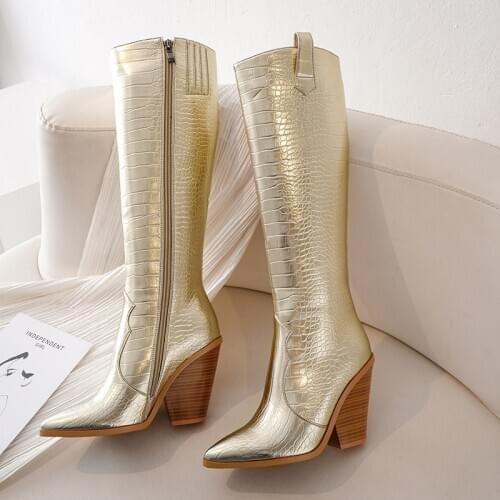 Black Golden White Women Boots The Knee Boots Pointed Side Zipper 10cm High Heels Size 34-46