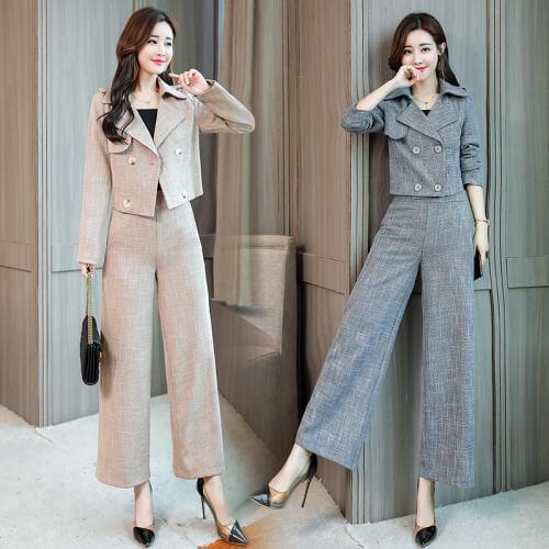 Womens suit short suit wide leg pants two-piece female 2019 autumn new fashion temperament solid color versatile coat shirt