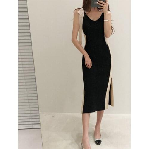 2021 Japanese Korean Version Buttocks Summer Womens Dress Fashion Casual Temperament Splicing Bow V-neck Split Fork