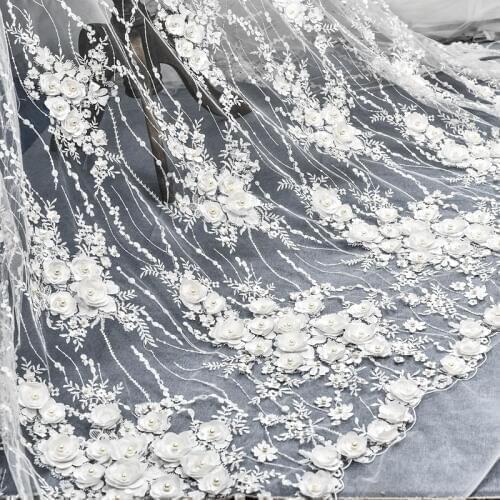 130*100cm bilateral symmetry 3d beaded flower embroidery lace fabric Wedding Dress Tulle Skirt Material fabrics for patchwork