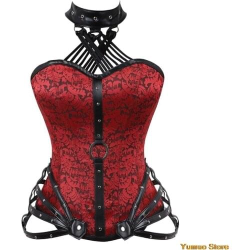 2021Corset Black Gothic Corset Top Women Sexy Faux Leather Burlesque Corsets Red Steampunk Steel Bone Korse Punk Goth Clothing