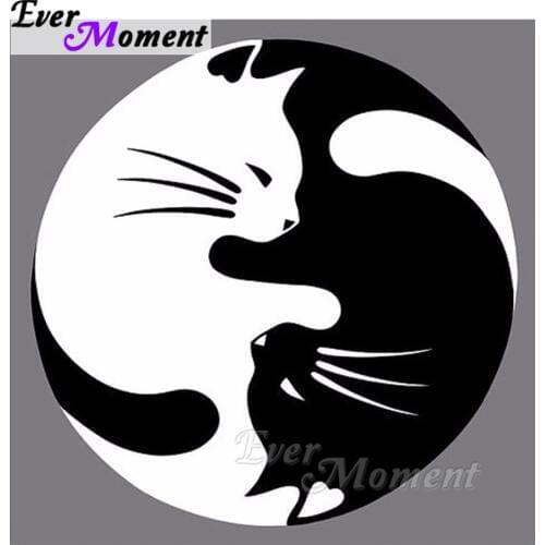 Ever Moment 5D DIY Diamond Painting Cross Stitch White Black Cat Yinyang Mosaic Full Square Drills Artwork Rhinestone ASF1222