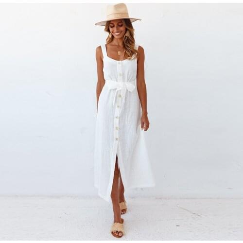 Dabourfeel Boho Sexy Spaghetti Strap Straight White Dress Sleeveless Sashes High Waist Cotton Casual Women Long Dress Fashion