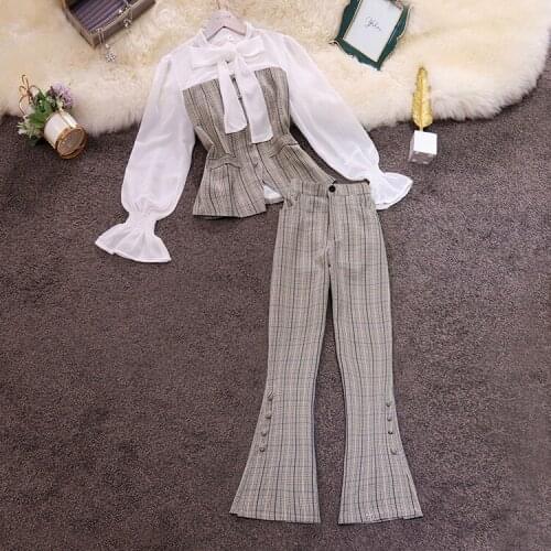 Classic OL Elegant Patchwork Plaid Long Sleeve Blouse Top and Checker Pattern Flare Pants Clothing Set