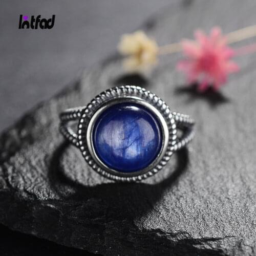 Vintage Natural Round 10mm Kyanite Rings for Women 925 Sterling Silver Ring Fine Jewelry Party Anniversary Gift
