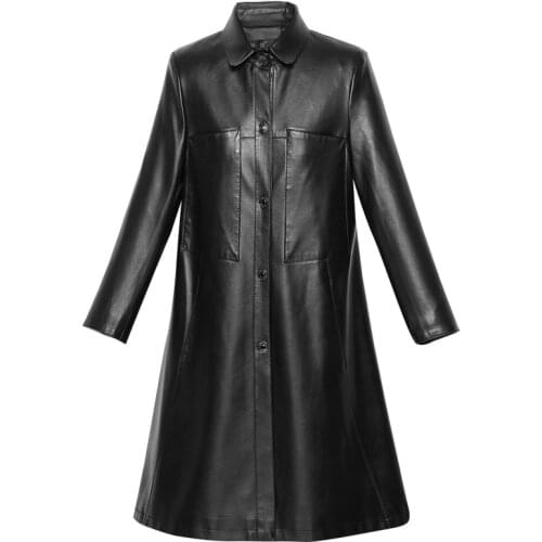 Womens Soft Wash Pu Leather Jackets 5XL New Ladies Elegant Faux Sheepskin Long Coat Pu Leather Trench Female Outerwear Plus Size