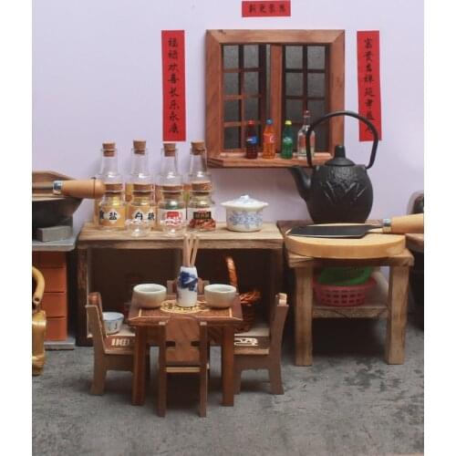 Mini Simulation Kitchen Tools Farmyard Real Cooking Rural Firewood Stove Wooden Table Cabinet Mini Refrigerator Toy Can Cook