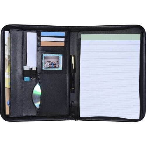 Multifunctional Professional Business Portfolio Padfolio Folder Document Case Organizer A4 PU Leather Zippered Closure