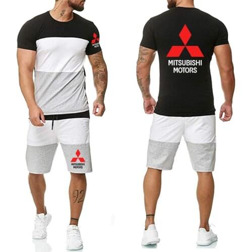 Summer Mens Suit Mitsubishi Car Logo Printed Splice Casual Fashion Crew neck Mens short sleeve + shorts 2-piece set