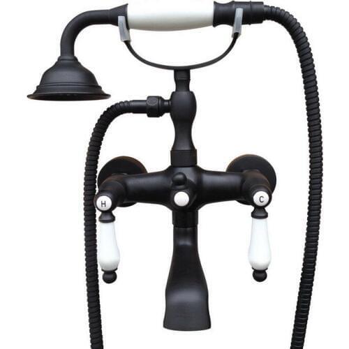Bathroom Black Oil Rubbed Bronze Wall Mounted Clawfoot Tub Filler Faucet Handshower Two Ceramics Handles atf613