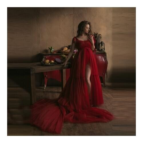 Charming Red Two Pieces Pregnancy Photoshoot Dresses With Bow Straps Stretchy Bodysuit Tulle Overskirt With Long Train Maternity