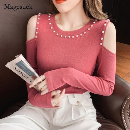 O-neck Solid Cotton Beading Blouse for Women Autumn Off The Shoulder Long Sleeve Tops Women Casual Simple T-shirt Blusa 16713