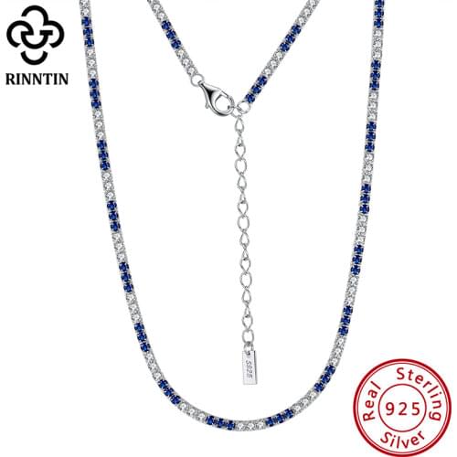 Rinntin 925 Sterling Silver Italian Tennis Necklace with Clear and Blue Round Cut Cubic Zirconia for Women Chain Jewelry SC49