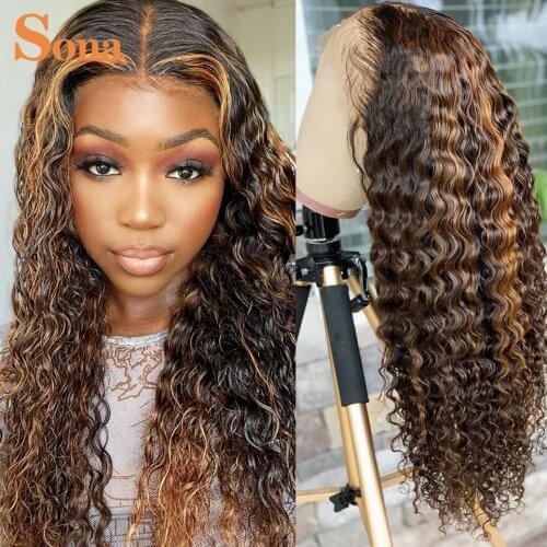 4/30 Piano Colored Highlight Wig Frontal Pre plucked Brazilian Remy Curly Human Hair Wig Deep Wave Lace Front Wigs for Women