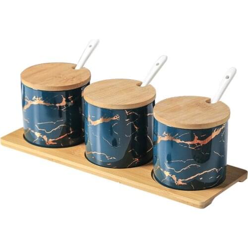 Simple emerald ceramic seasoning can set household restaurant seasoning box with cover and spoon seasoning can