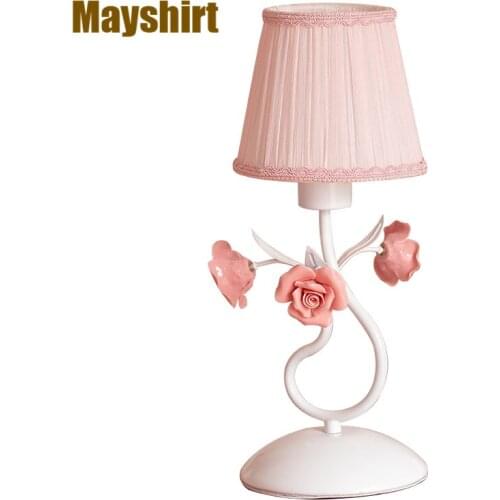 Pink Ceramic Rose Flower Table Lamps for Bedroom Modern Fold Fabric Girl Princess Desk Lamp Bedside Art Deco Stand Light Fixture