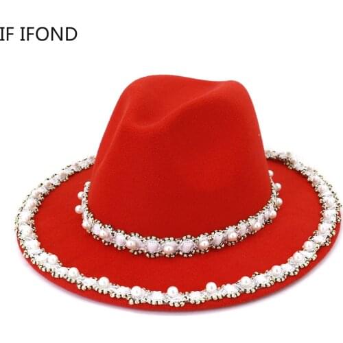Handmade Pearls Decoration New Felt Wool Wide Brim Top Fedora Hat Winter Autumn Elegant wedding Panama Jazz Caps for Woman