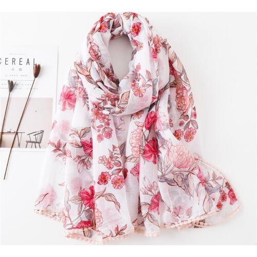 Spain Luxury Brand Pink Floral Pom Pom Viscose Shawl Scarf Girls New Design Headband Pashmina Stole Muslim Hijab Snood 180*90Cm