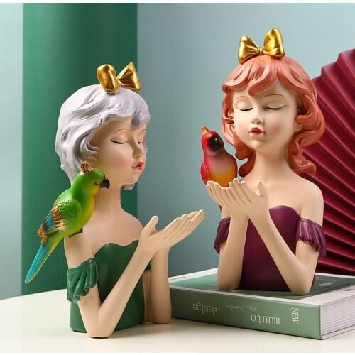 Nordic Resin Crafts Parrot Girl Statue Furnishings Home Living Room Entrance TV Cabinet Decoration Accessories Wedding Gifts