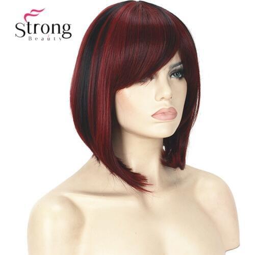 StrongBeauty Short Straight Dark Red Highlighted Bob Style Swept Bangs Synthetic Wig