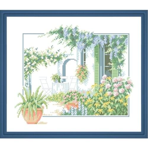 Terrace with flowers cross stitch kits 18ct 14ct 11ct white fabric cotton thread embroidery DIY handmade needlework