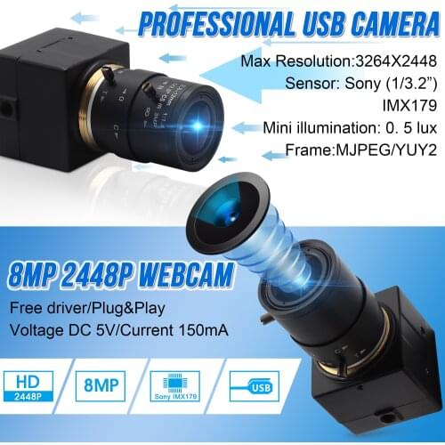 ELP Webcam 8MP 3264X2448 Sony IMX179 Sensor USB Webcam 5-50mm Varifocal CS Mount lens Industrial Surveillance Video USB Camera