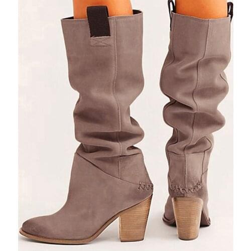 Womens Boots Knee-Hign Boots For Winter Quality Retro Booties Chunky Heel Suede Thigh Long Fashion Boots Shoes #40
