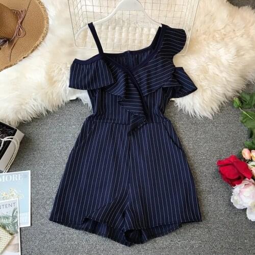 Women 2020 Summer Playsuit Sexy Striped One Shoulder Ruffle Korean Playsuits Woman Clothes Ropa Mujer KJ5250