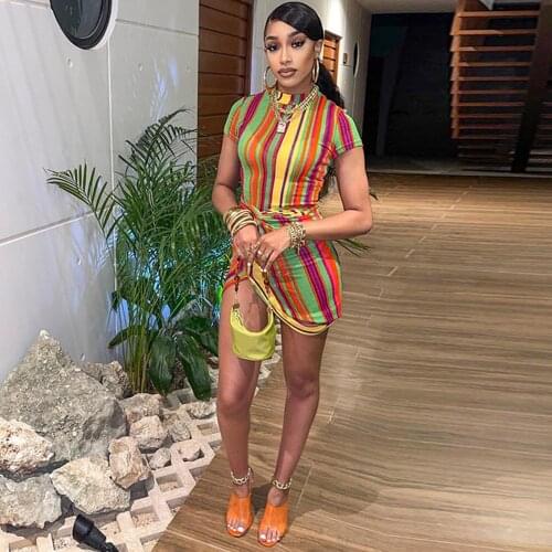 Womens Casual Simple Color Striped Print Sexy Dress Ladies Short Sleeve Skinny Mini Dresses Female Elegant Loungewear Vestidos