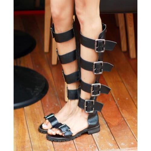 Summer 2017 New Arrival Girls Black Punk Street Style Buckles Open Toe Rome Flat Knee High Boots Long Sandals Boots Botas 35-39