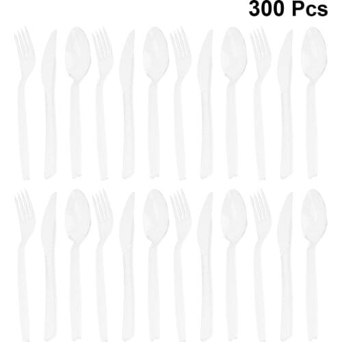 300pcs Transparent Disposable Tableware Party Plastic Cutlery Fork Spoon for Party Birthday (Knife, Fork, Spoon Each 100pcs)