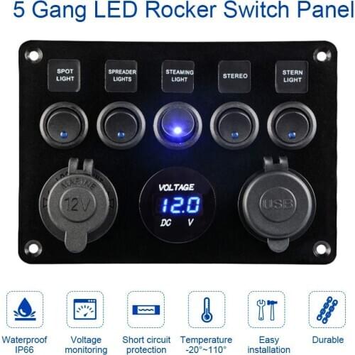 5 Gang Marine Switch Panel 4.2A 12V Waterproof Digital Voltmeter Toggle Switch Control For Cars Trucks Boats And Cruise Ships