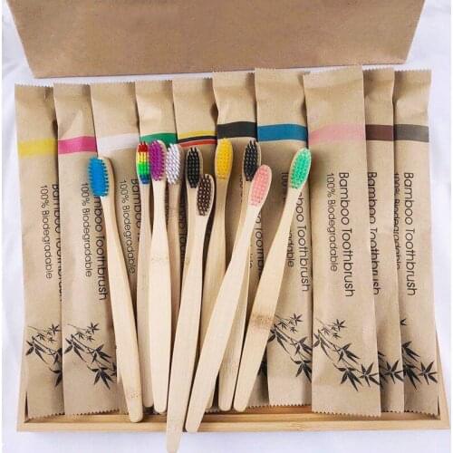 5PCS Colorful Natural Bamboo Toothbrush Individually Packaged Set Soft Bristles Solid Bamboo Handle Toothbrush Hotel Supplies