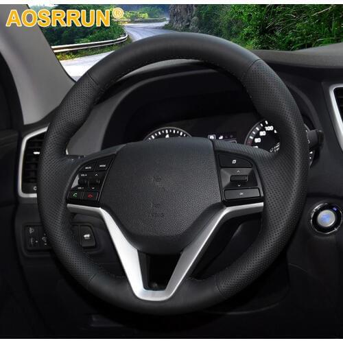 AOSRRUN Black Leather Hand-stitched Car Steering Wheel Cover for Hyundai Tucson 2015 2016 2017 2018 Car Accessories