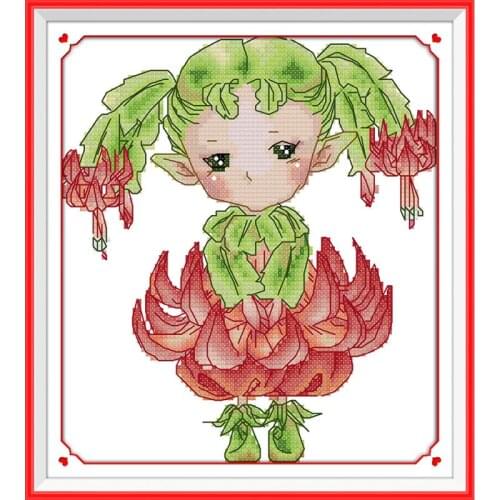 Flower Elf of Christmas Cactus Cross Stitch Set DMC Canvas Print Cross Stitch Kit DIY Christmas Gift Home Wedding Decoration