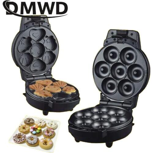 DMWD MINI Electric Donut Maker Eggs Waffle Cake Baking Iron Automatic Electric Pancake Breakfast Muffin Doughnut Machine EU Plug