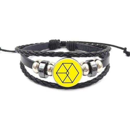 EJ Glaze Fashion Star EXO For Unisex Party Gift Color Jewelry With Glass Cabochon Black Leather Bracelet Bangle