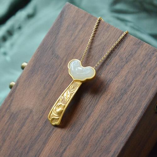 Fate Natural Hetian Jade White Jade Ruyi Pendant Ancient Gold 925 Sterling Silver Jade Necklace Gift for Mother