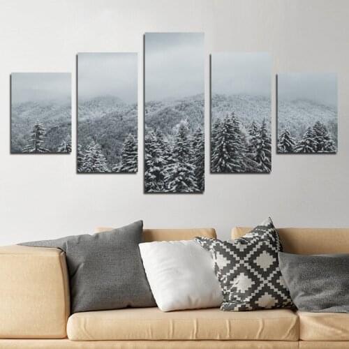 HD Photography Of Winter Landscape Of Strong Pine Trees In Mountains And Forests Shrouded In Fog And Snow Canvas Printing Poster