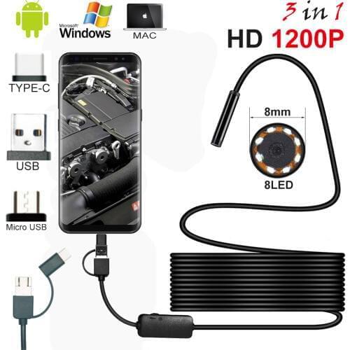 1200P TYPE-C Android Micro/USB Endoscope Camera Semi Rigid Tube Snake Borescope Inspection Cameras 8MM Len 1/2/5M for Android PC