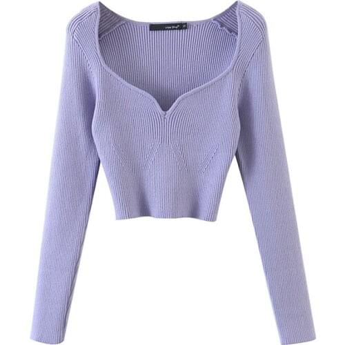 Retro Short Knit Top Women Spring and Autumn Sexy Slim-fit Bottoming V-neck Long-sleeve T-shirt Female Sweater Tops NS2524