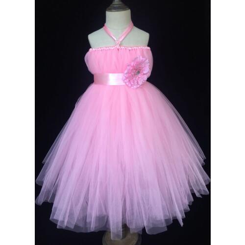 Cute Girls Pink Long Tutu Dress Kids Fluffy Tulle Dress Ball Gown with Flower Ribbon Bow Headband Children Wedding Party Dress