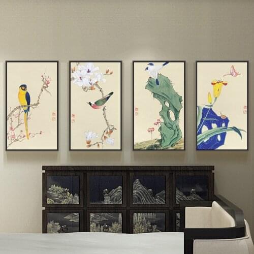 Birds Tree Branch Line Retro Landscape Poster Canvas Print Wall Painting Chinese Minimalist Style Art Modular Living Room Bedroo