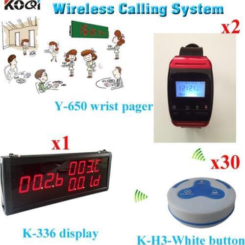 NEWEST Waitress Calling System; 30pcs Waterproof Table Button + 2pcs Wrist Pager + 1pcs 3-digit LED Display Receiver