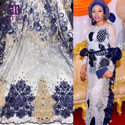 2019 New Fashion Beaded Embroidered Guipure Mesh Tulle Lace Fabric In Blue High Quality African French Net Lace Wedding Fabrics